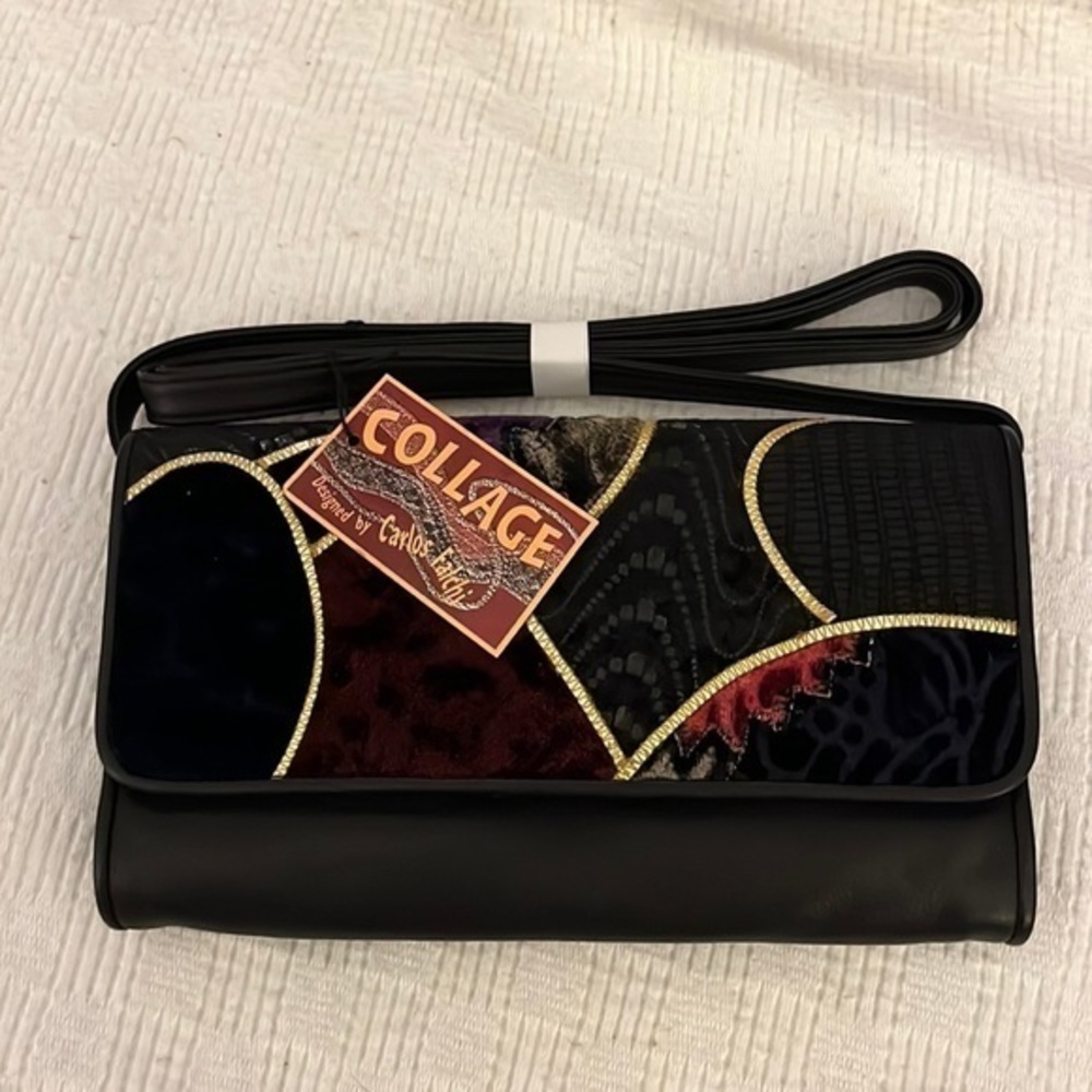 Collage by Carlos Falchi Purse Black Leather Patchwork Fabric Shoulder Bag - Picture 1 of 8